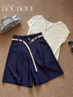 【OL天絲感牛仔短褲(附腰帶)牛仔藍】