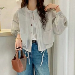 【質感圓領開扣棉麻紗外套】