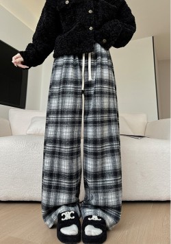 【慵懶格紋加絨毛呢褲】