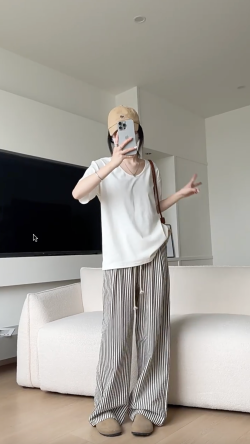 【薄款休閒直筒條紋褲】
